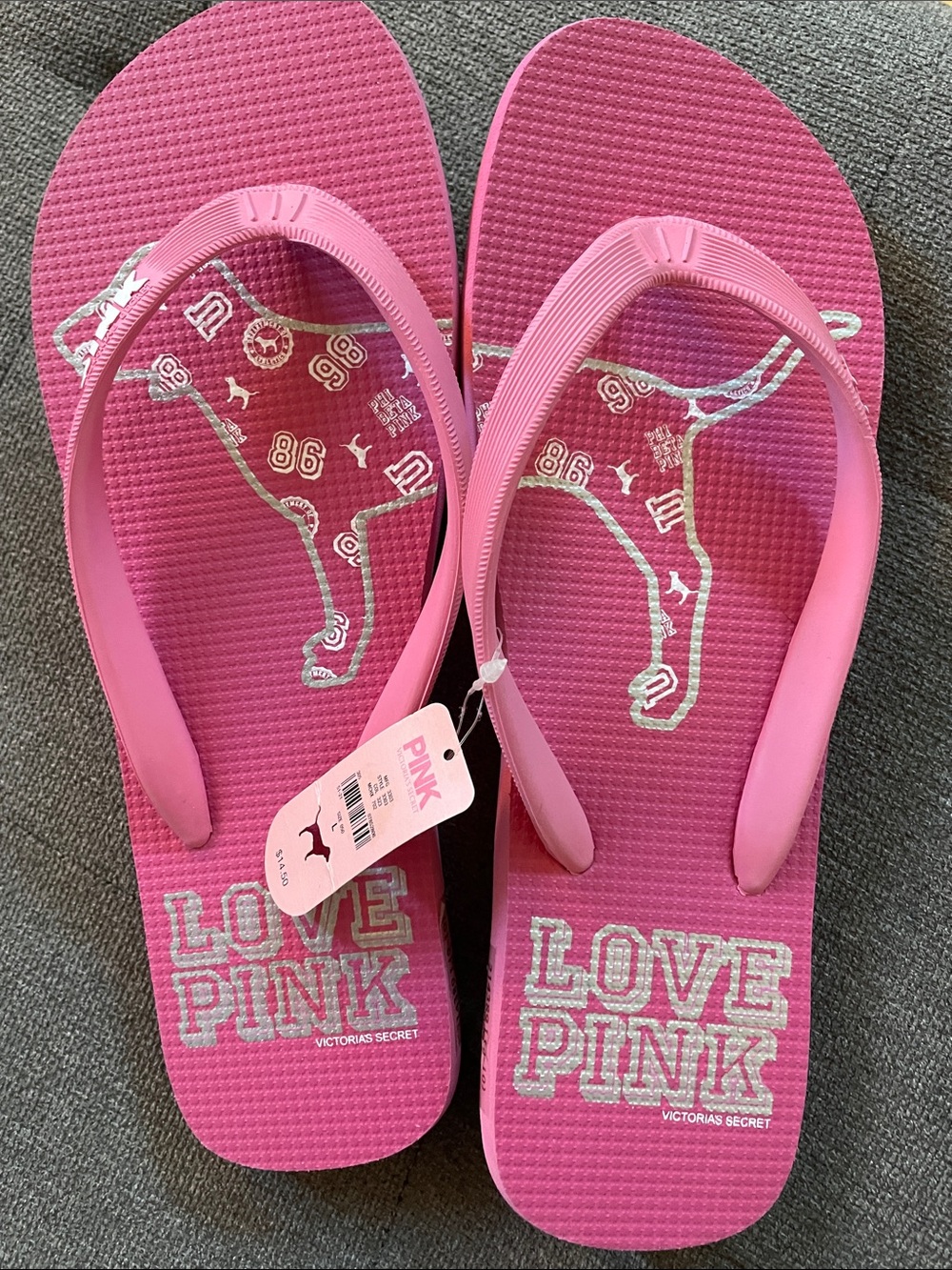 NWT Victoria's Secret PINK Bubblegum Pink Logo Flip Flops L
